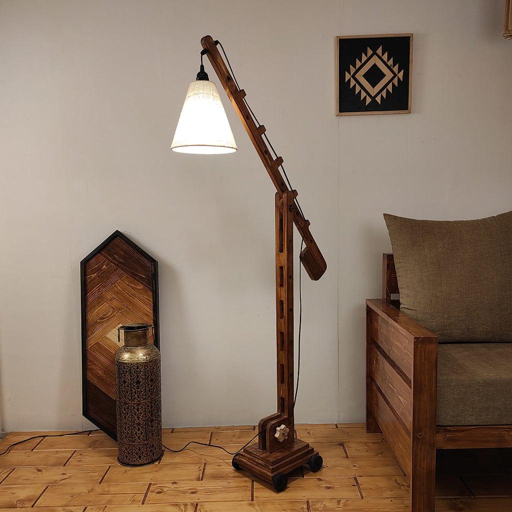 Angler Wooden Floor Lamp with Brown Base and Jute Fabric Lampshade (BULB NOT INCLUDED) - Ouch Cart