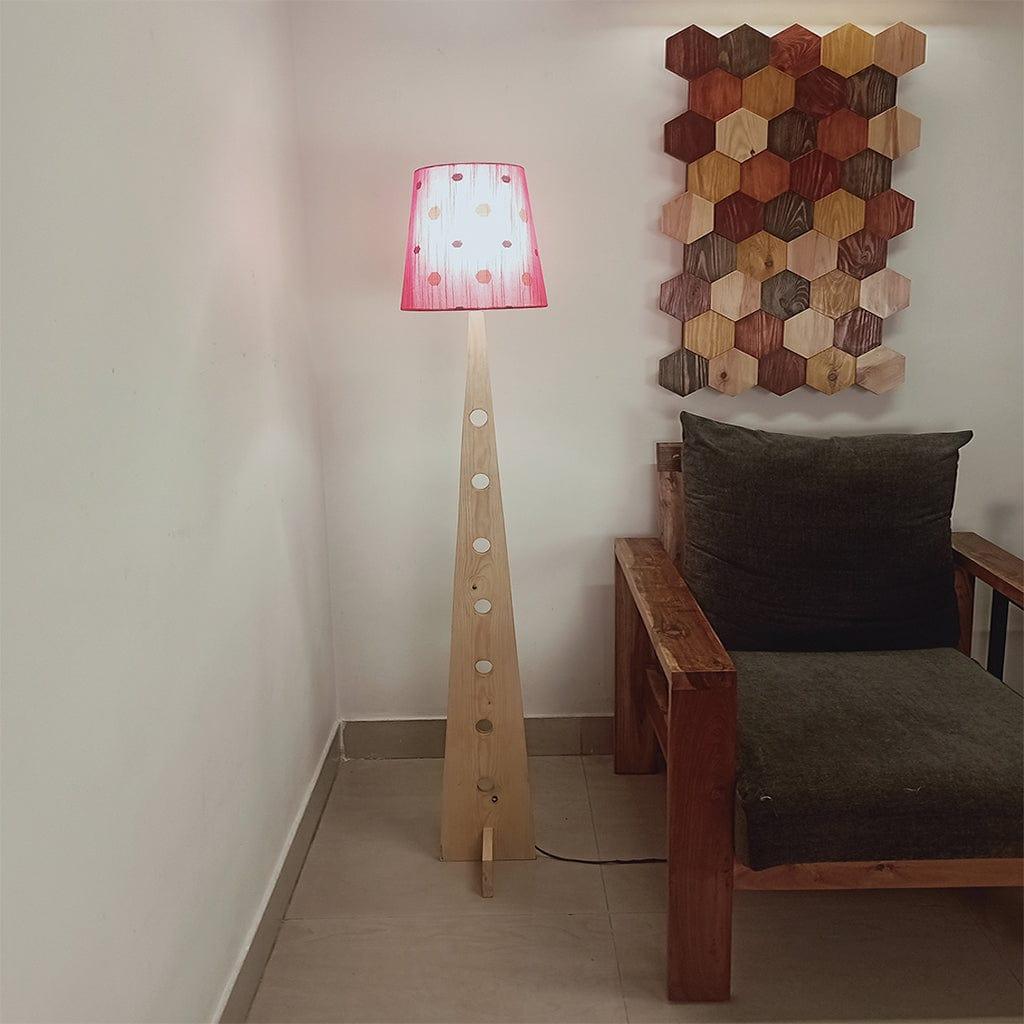 Bevel Wooden Floor Lamp with Beige Base and Red Printed Fabric Lampshade - Ouch Cart