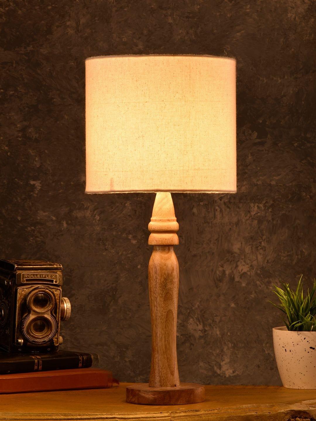 Round Brown Lamp with Taper Off White Cotton Shade - Ouch Cart