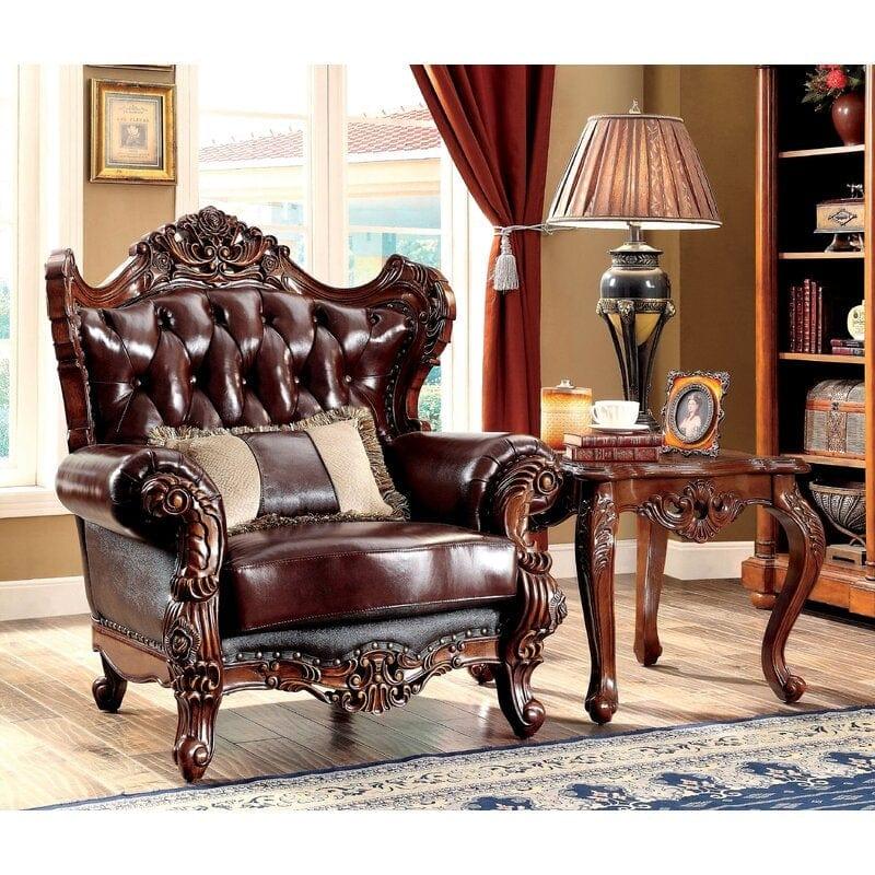 Wide Tufted Arm Sofa (Teak Wood, Dark Brown) - Ouch Cart