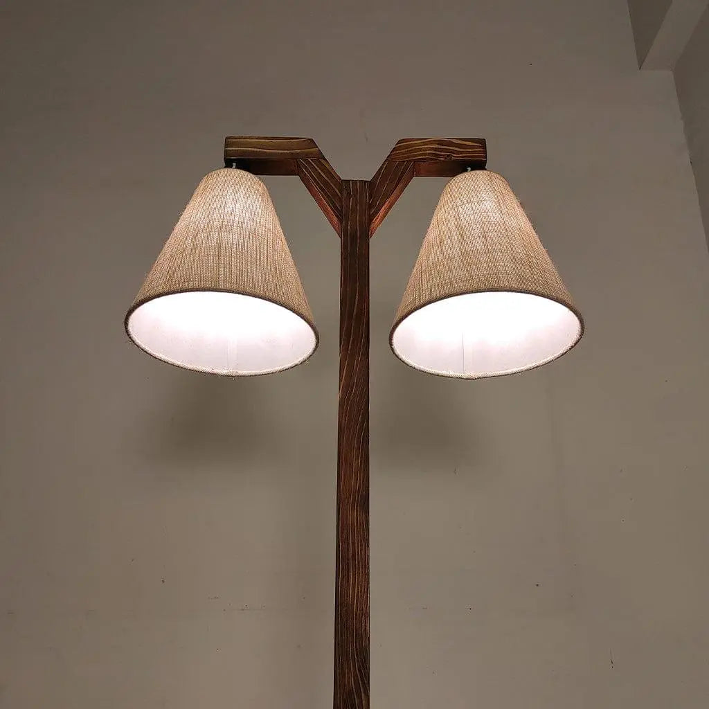 Elania Wooden Floor Lamp with Brown Base and Beige Fabric Lampshade (BULB NOT INCLUDED) - Ouch Cart