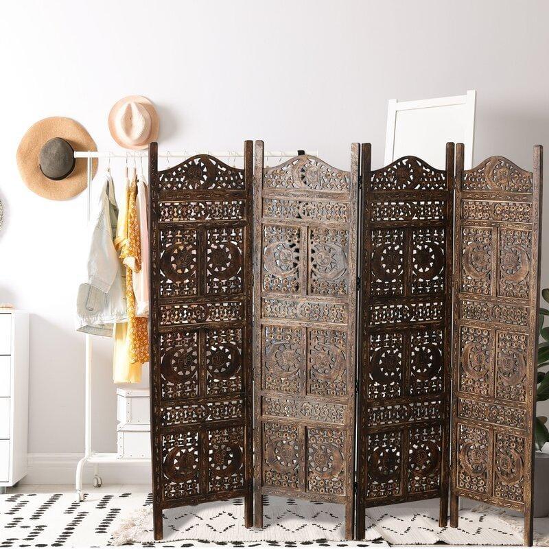 4 - Panel Wooden Partition Solid Wood Folding Room Divider - Ouch Cart