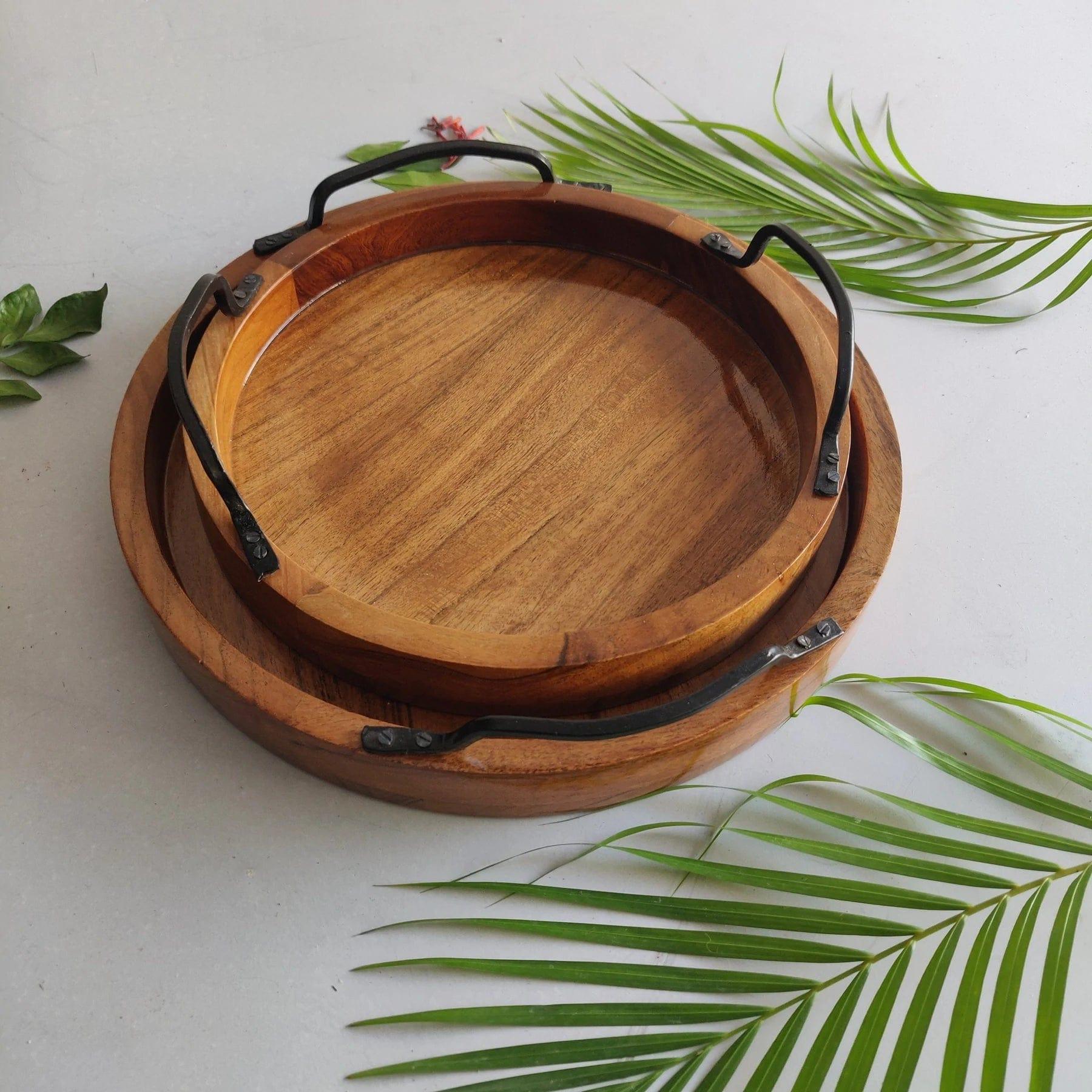 MODERN SERVING TRAY SET OF 2 WITH IRON HANDLE || ACACIA WOOD || WATER PROOF - Ouch Cart