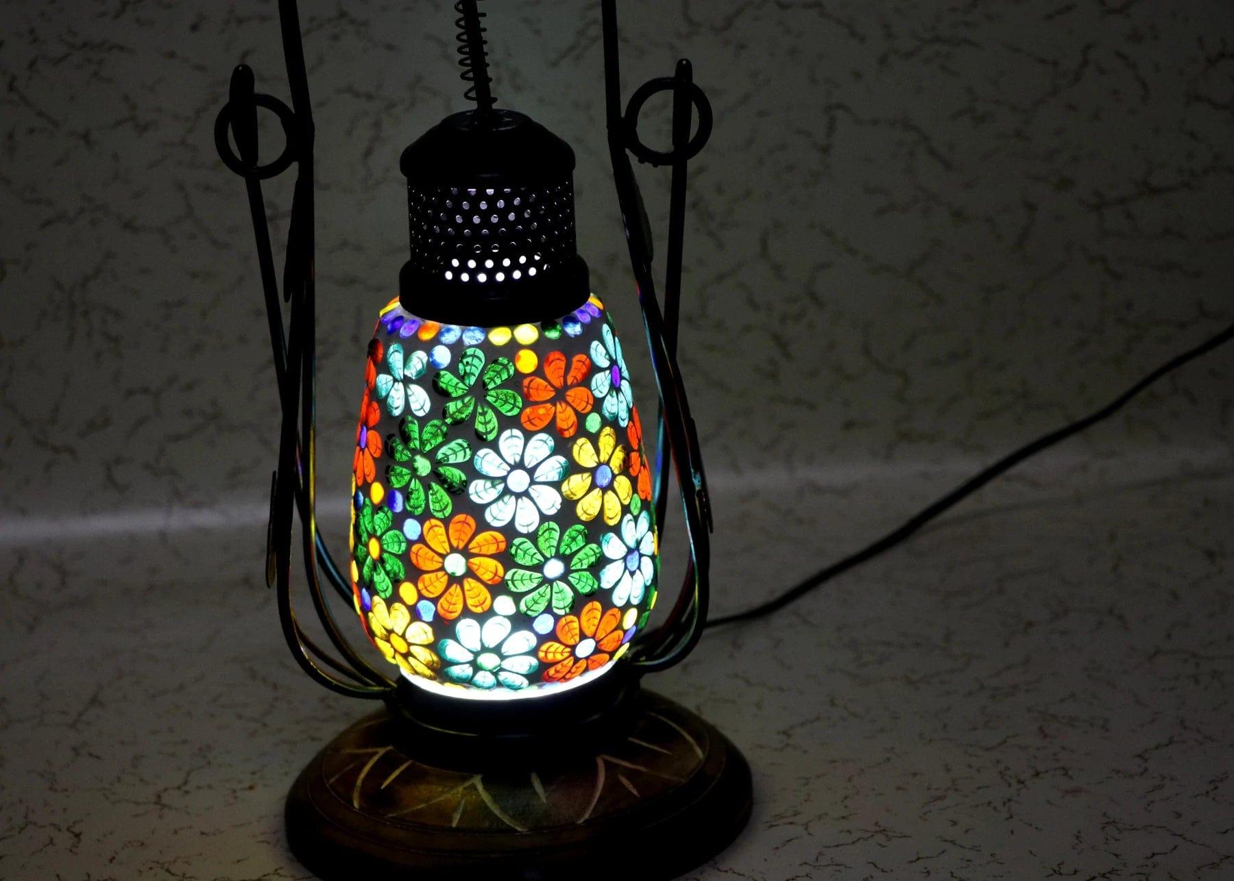 WOODEN & IRON BEAUTIFUL HAND CARVED MULTI COLOURED DOTTED FLOWER ELECTRIC CHIMNEY LANTERN - Ouch Cart