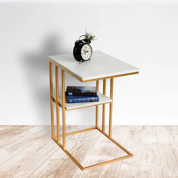 Creative White Marble & Metal Stone Side/Coffee Table With Magazine Holder ( Random Design ) - Ouch Cart