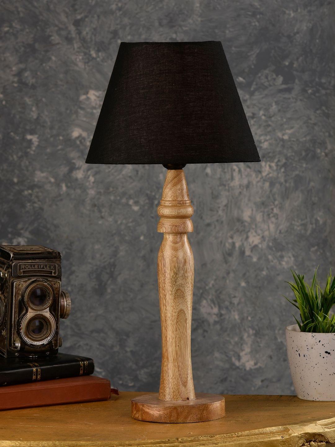 Round Brown Lamp with Taper Black Cotton Shade - Ouch Cart