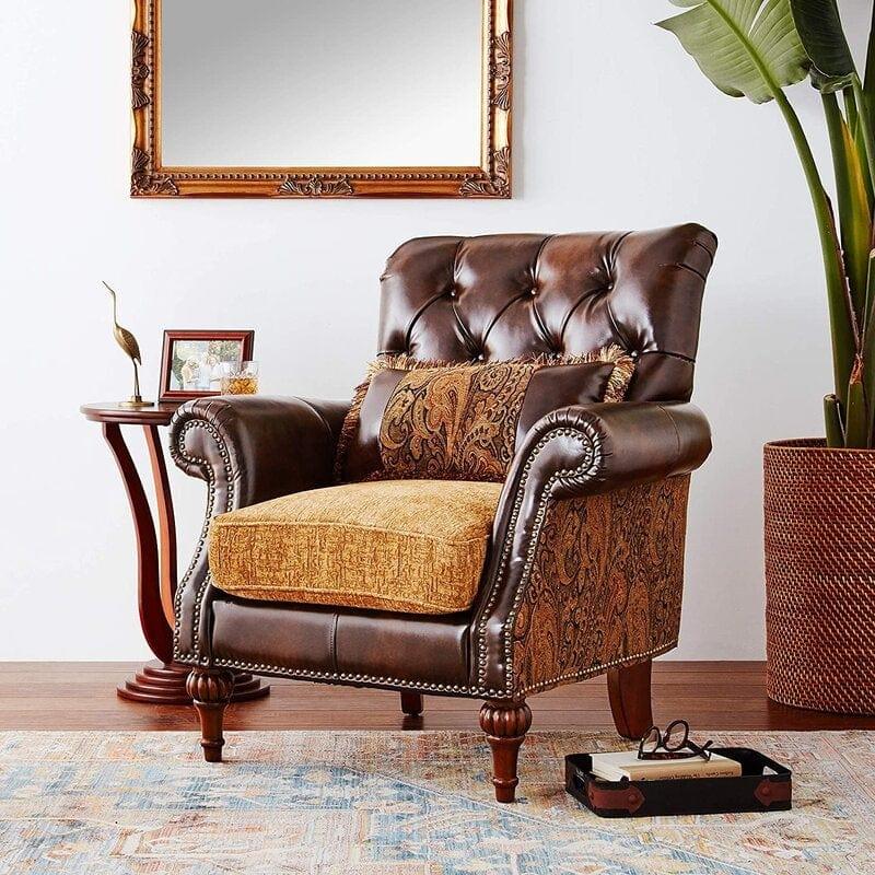 Wooden Handcarved Teak Wood Sofa Wide Tufted Armchair - Ouch Cart