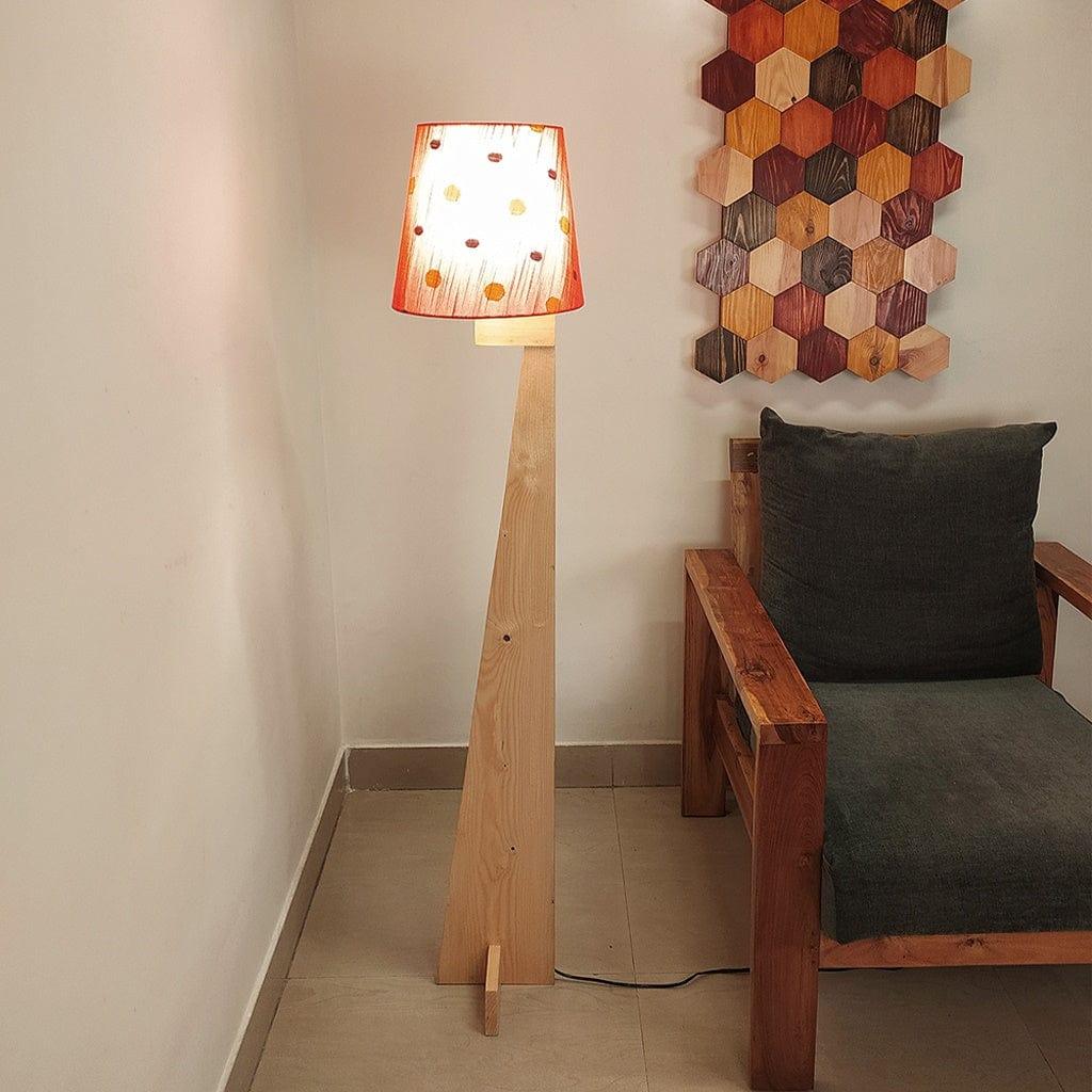 Trigo Wooden Floor Lamp with Beige Base and Red Printed Fabric Lampshade - Ouch Cart