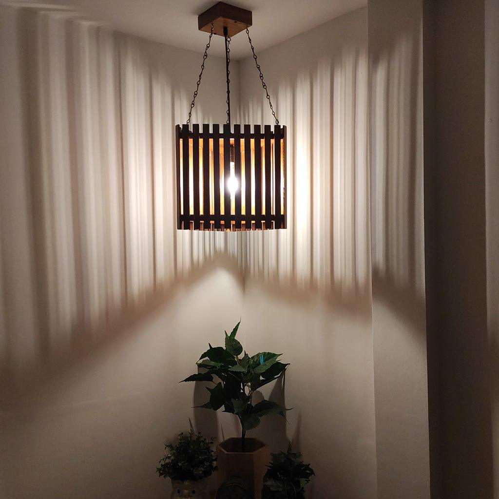 Trikona Brown Wooden Single Hanging Lamp - Ouch Cart