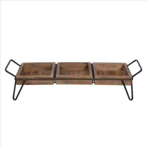 Decorative Serving Tray With 3 Segregated Cubbies And Metal Base, Brown - Ouch Cart