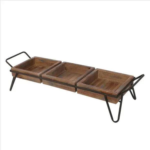Decorative Serving Tray With 3 Segregated Cubbies And Metal Base, Brown - Ouch Cart