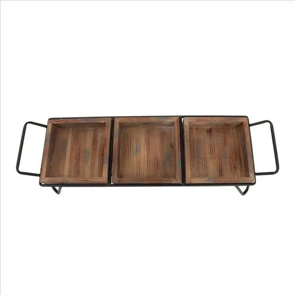 Decorative Serving Tray With 3 Segregated Cubbies And Metal Base, Brown - Ouch Cart