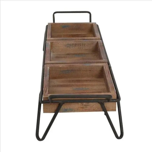 Decorative Serving Tray With 3 Segregated Cubbies And Metal Base, Brown - Ouch Cart