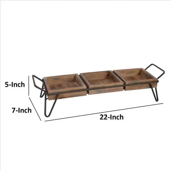 Decorative Serving Tray With 3 Segregated Cubbies And Metal Base, Brown - Ouch Cart