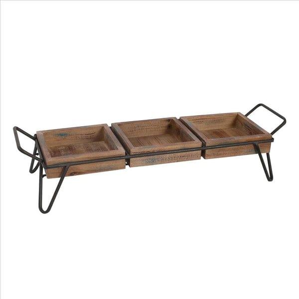 Decorative Serving Tray With 3 Segregated Cubbies And Metal Base, Brown - Ouch Cart
