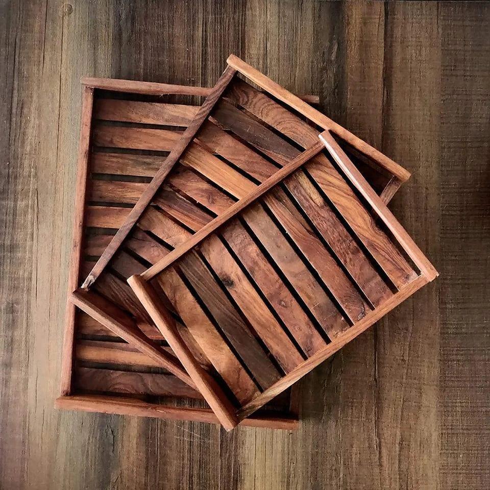 SHEESHAM WOOD STRIP TRAY SET OF 3 - Ouch Cart