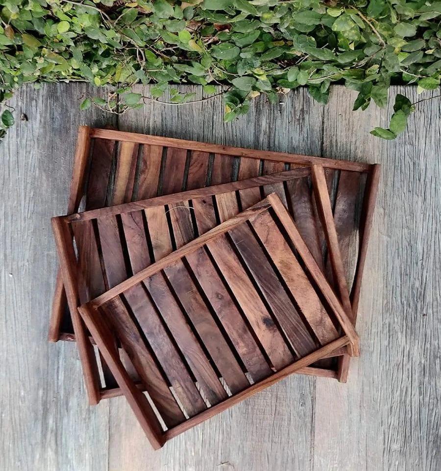 SHEESHAM WOOD STRIP TRAY SET OF 3 - Ouch Cart
