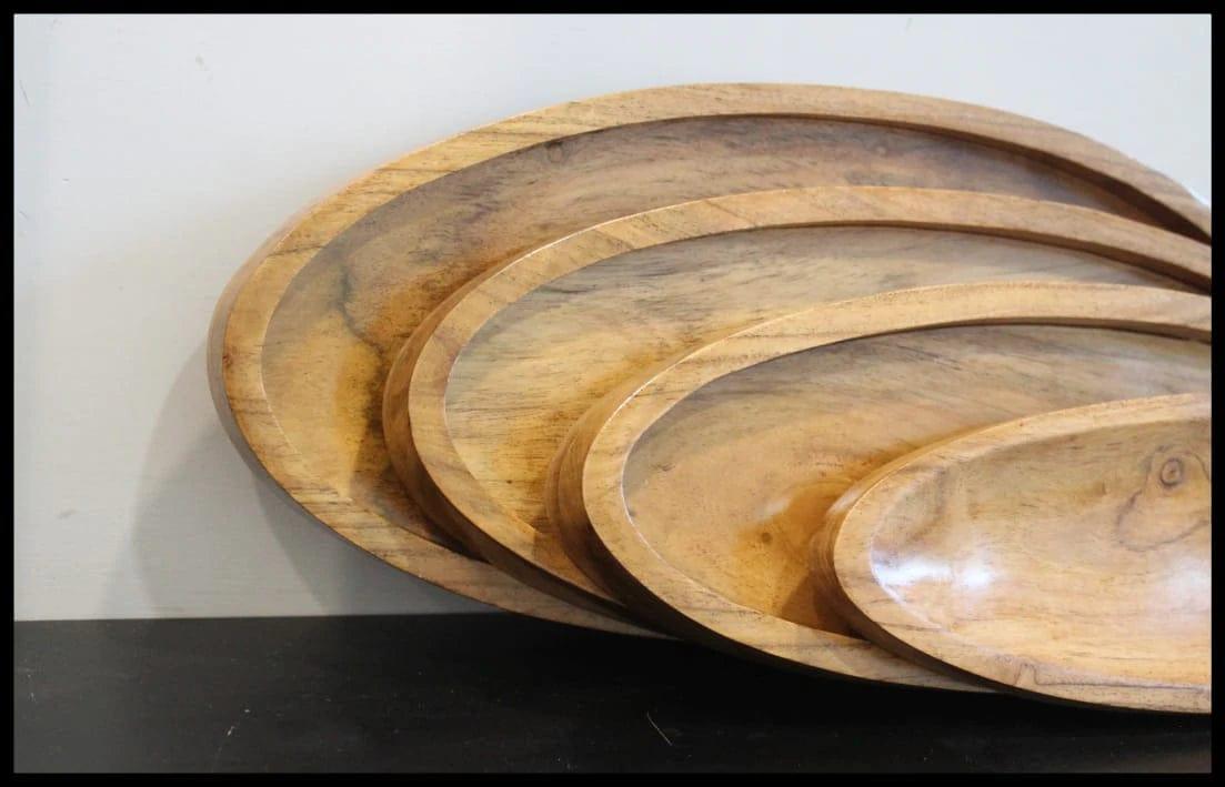 WOODEN OVAL SERVING TRAY SET OF 4 II WOODEN SERVING TRAY - Ouch Cart