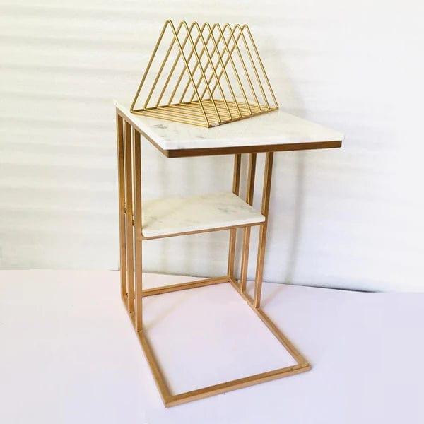 Creative White Marble & Metal Stone Side/Coffee Table With Magazine Holder ( Random Design ) - Ouch Cart