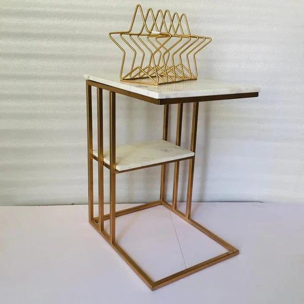 Creative White Marble & Metal Stone Side/Coffee Table With Magazine Holder ( Random Design ) - Ouch Cart