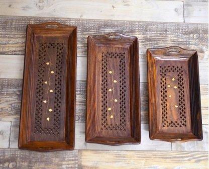Premium Sheesham Wooden Serving Tray with Brass Work Set of 3 - Ouch Cart