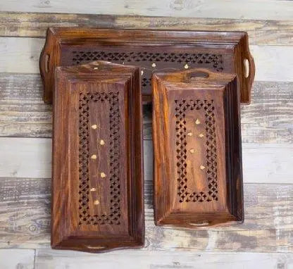 Premium Sheesham Wooden Serving Tray with Brass Work Set of 3 - Ouch Cart