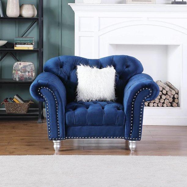 Velvet Living Room Chair Luxury Chesterfield Tufted Camel Back Armchair, Blue - Ouch Cart