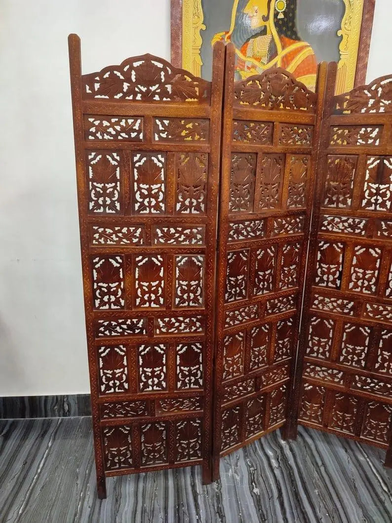 Wooden Divider Carved 4 Panel Wooden Partition Screen , Room Divider , Hand Polished Wooden Screen , Vintage Folding Screen , Hand Made. - Ouch Cart