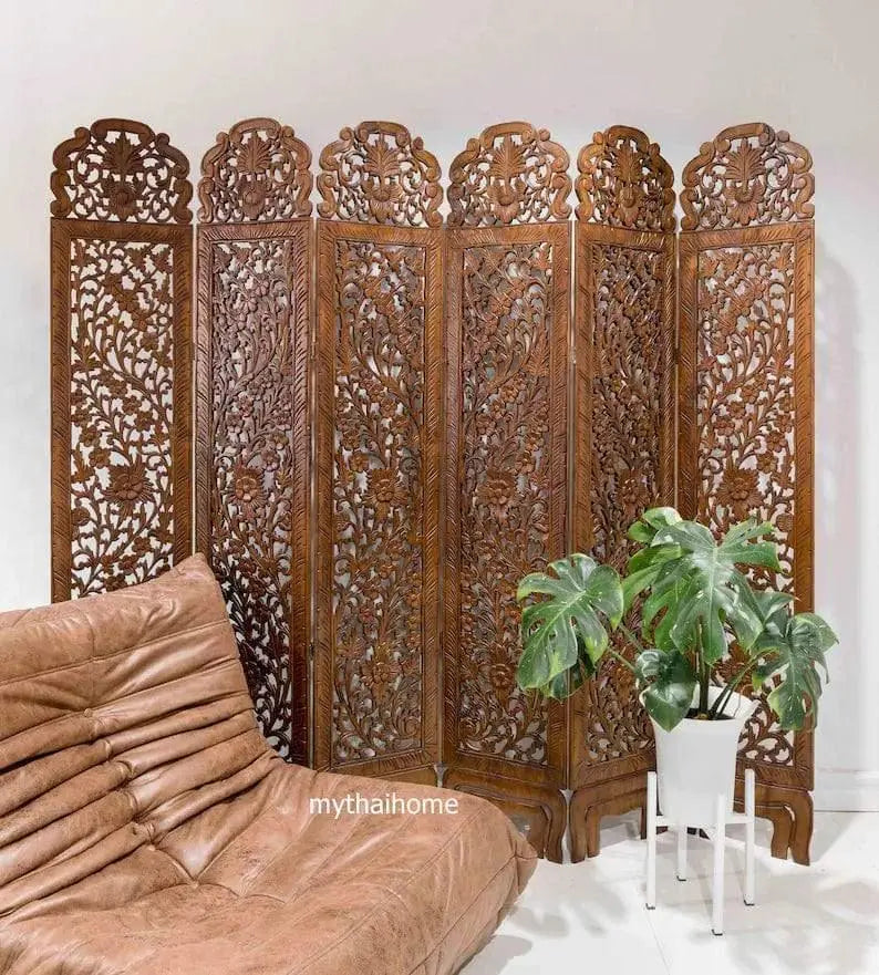 5 Panel Room Divider Flower Folding Screen Panels Partition Carved Wood and MDF Asian Screen Large Wood Wall-Art Thai Wood Carving Wooden Boho King Headboard - Ouch Cart