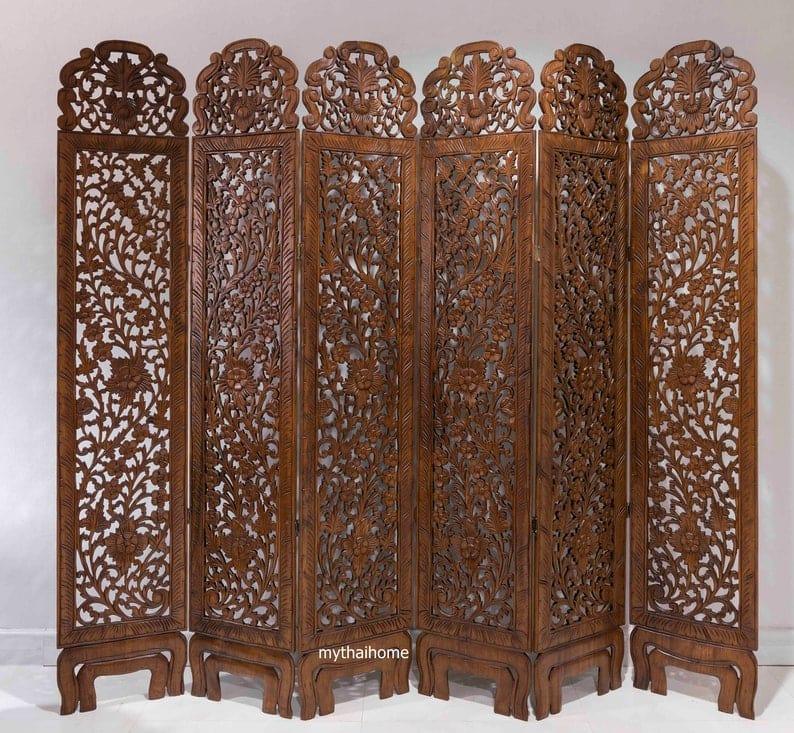 5 Panel Room Divider Flower Folding Screen Panels Partition Carved Wood and MDF Asian Screen Large Wood Wall-Art Thai Wood Carving Wooden Boho King Headboard - Ouch Cart