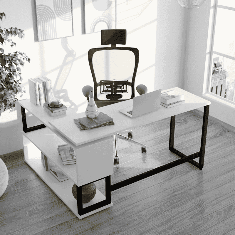 L Shaped Executive Desk with Storage Design in Black & White Color - Ouch Cart