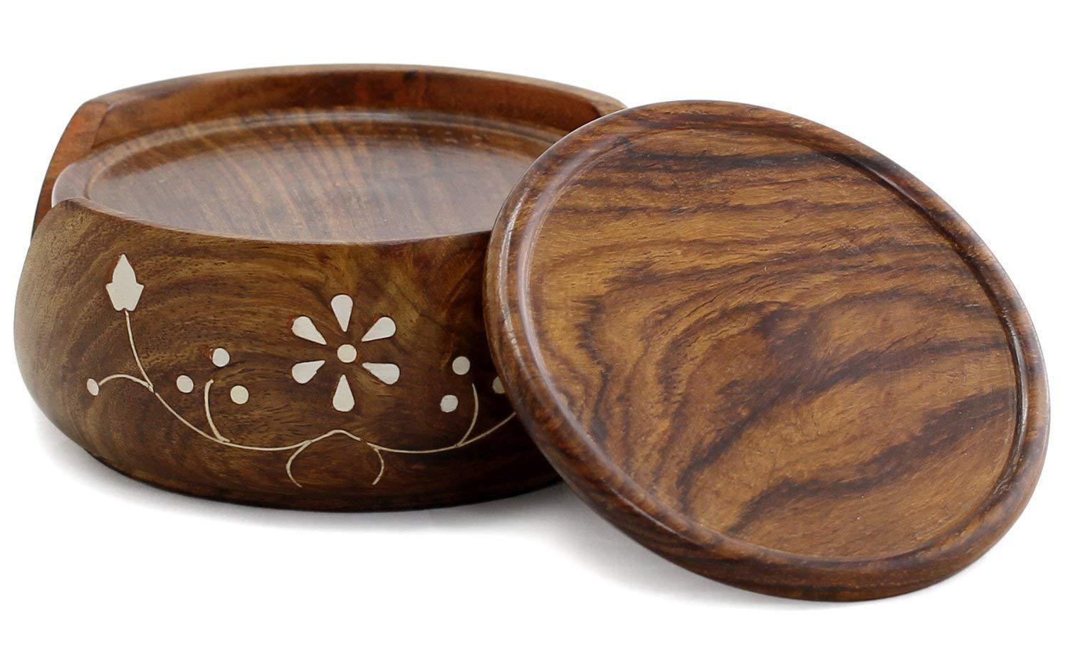 Wood Drink Coasters Sets with Holder Set of 6 - Ouch Cart