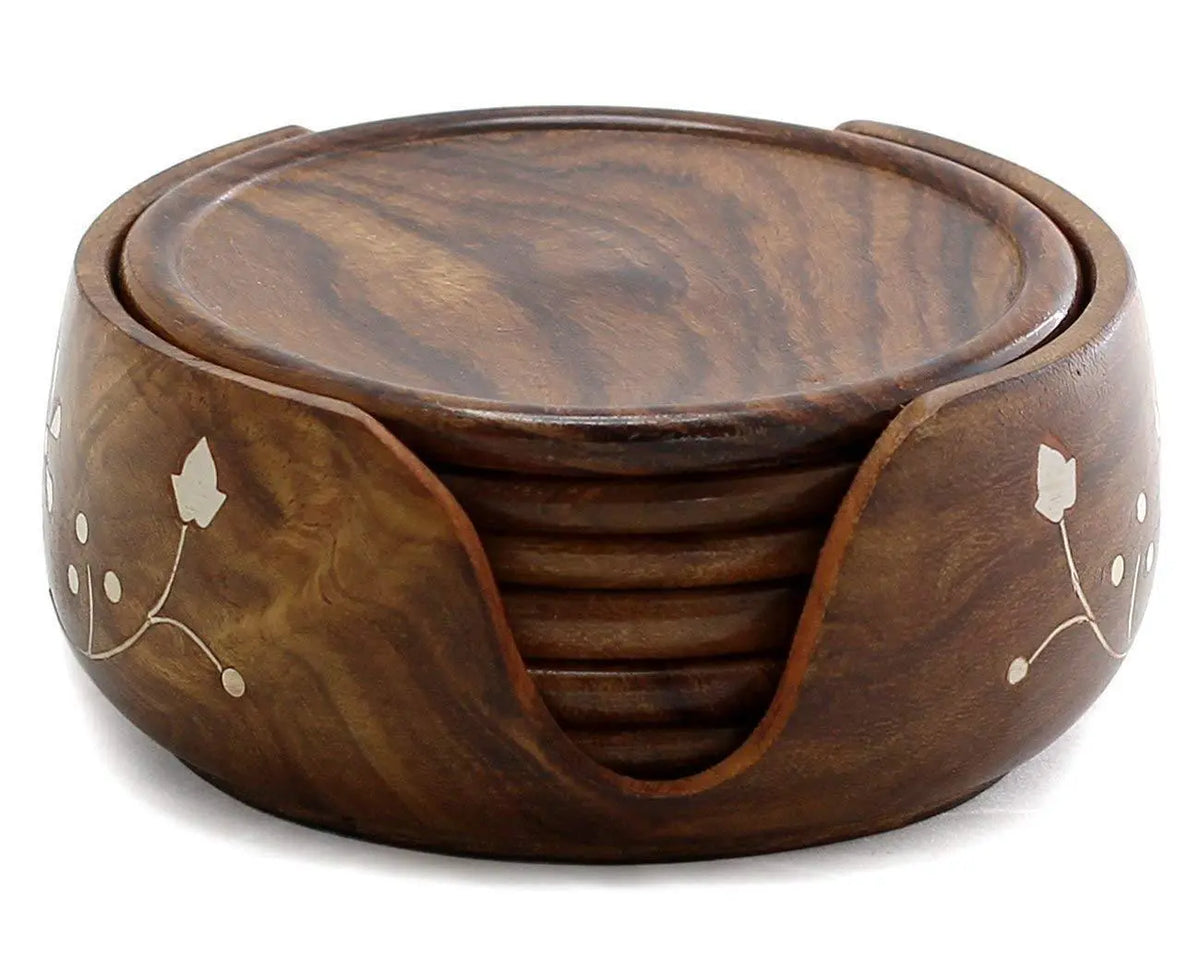 Wood Drink Coasters Sets with Holder Set of 6 - Ouch Cart