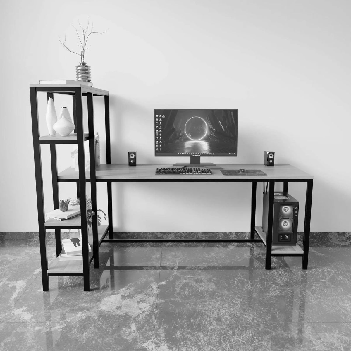 Gaming desk with multiple open shelves have additional space for CPU unit.
