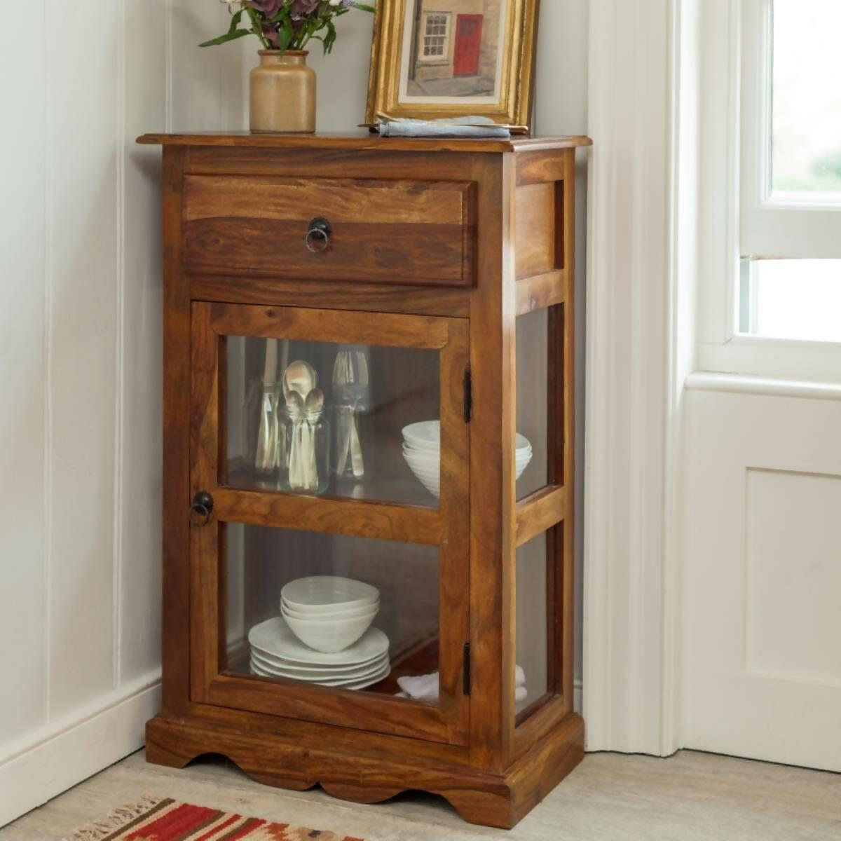 Sheesham Wood One Drawer Crockery Cabinet Small In Honey Finish - Ouch Cart