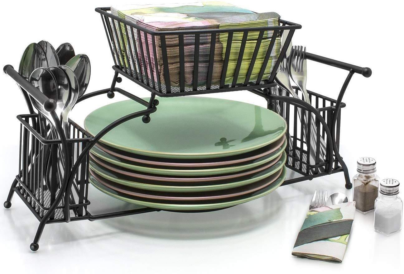 Utensil Holder Use for Napkin, Cutlery, Plate Holder, Tabletop Organizer Ideal for Dining Table, Party, Buffet, Kitchen, Entertaining (Black) Iron. - Ouch Cart