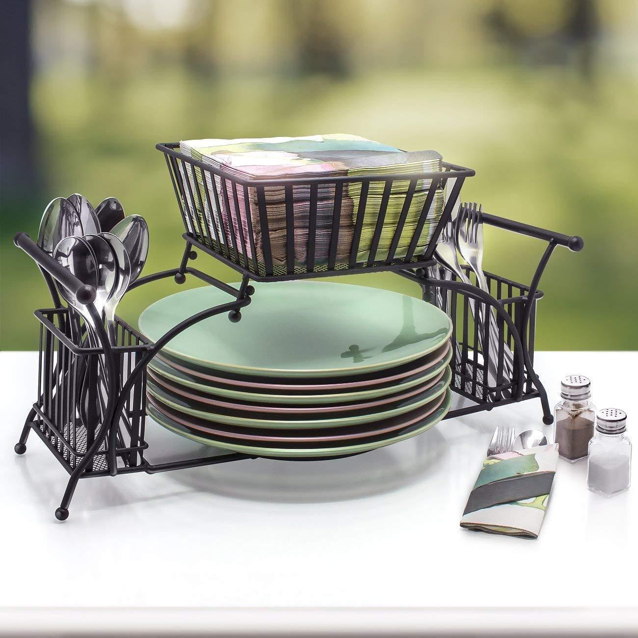 Utensil Holder Use for Napkin, Cutlery, Plate Holder, Tabletop Organizer Ideal for Dining Table, Party, Buffet, Kitchen, Entertaining (Black) Iron. - Ouch Cart