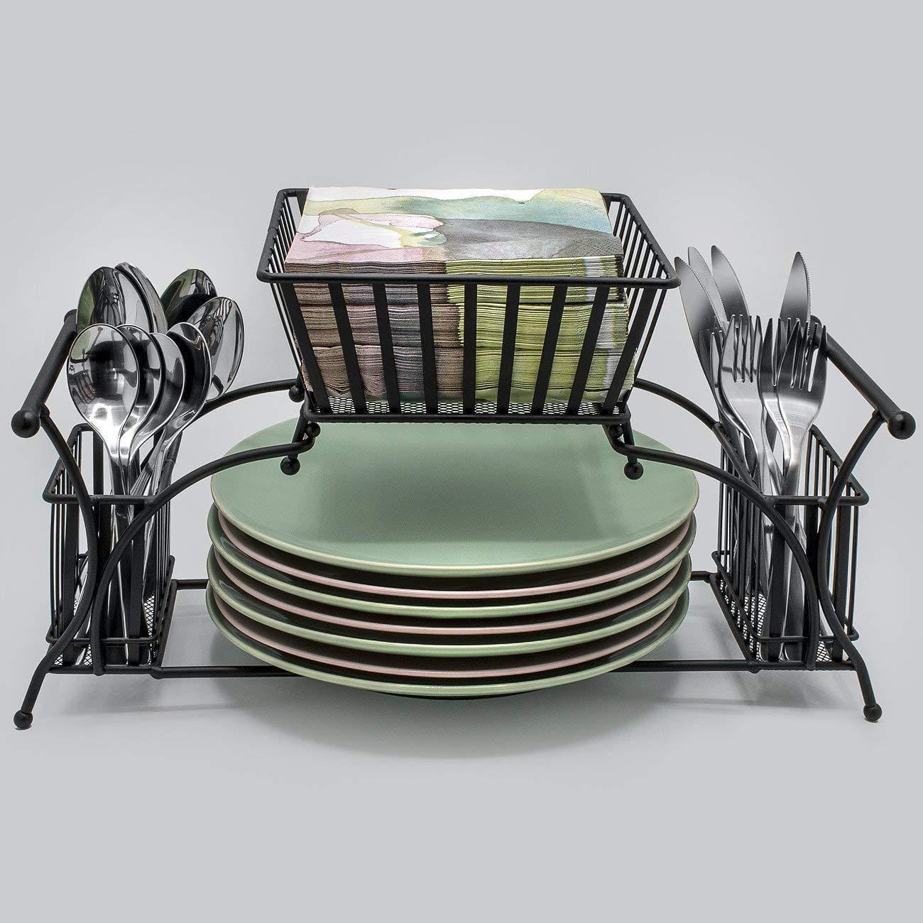 Utensil Holder Use for Napkin, Cutlery, Plate Holder, Tabletop Organizer Ideal for Dining Table, Party, Buffet, Kitchen, Entertaining (Black) Iron. - Ouch Cart