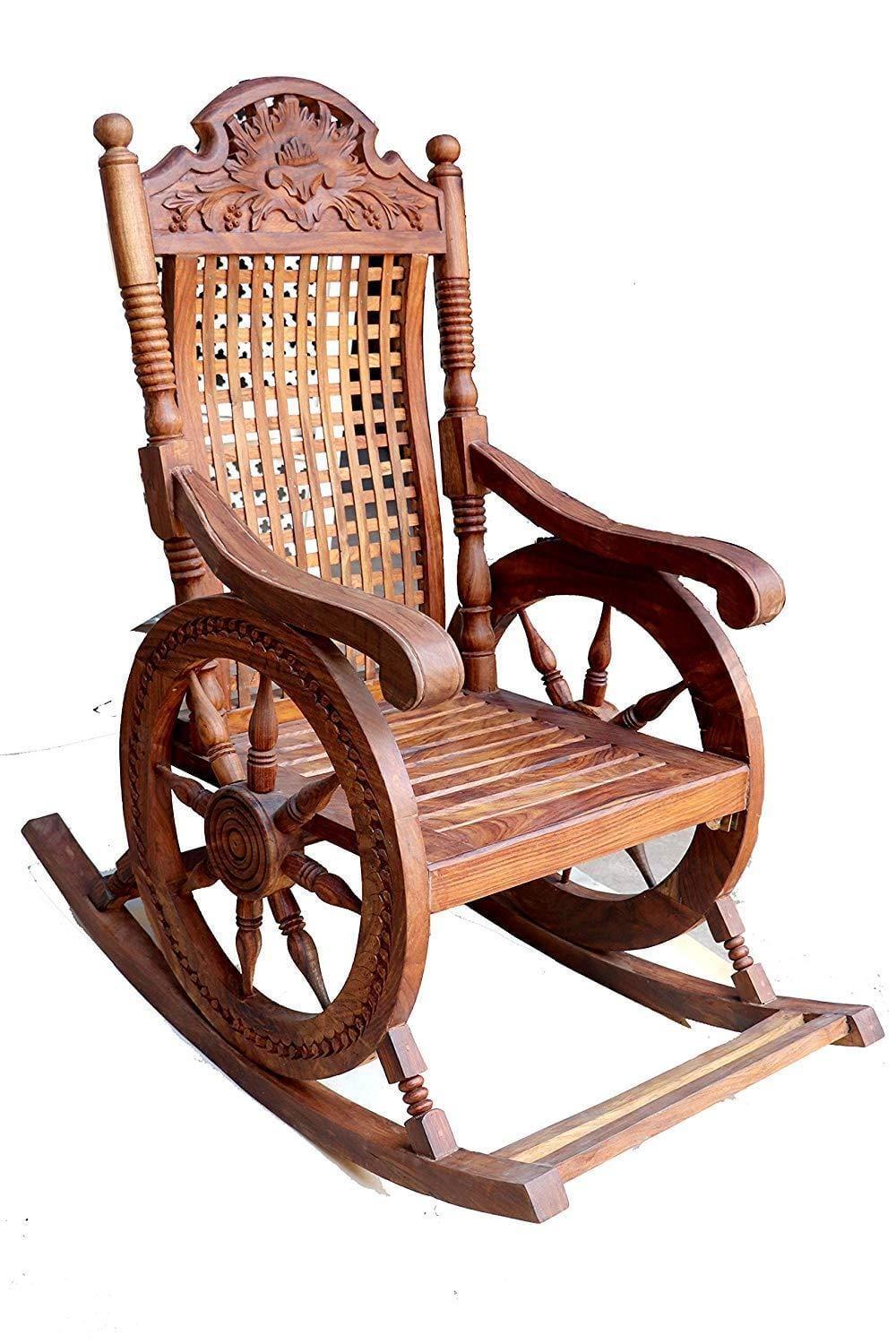 Hand Carved Sheesham Wood Rocking Chair (Brown) - Ouch Cart