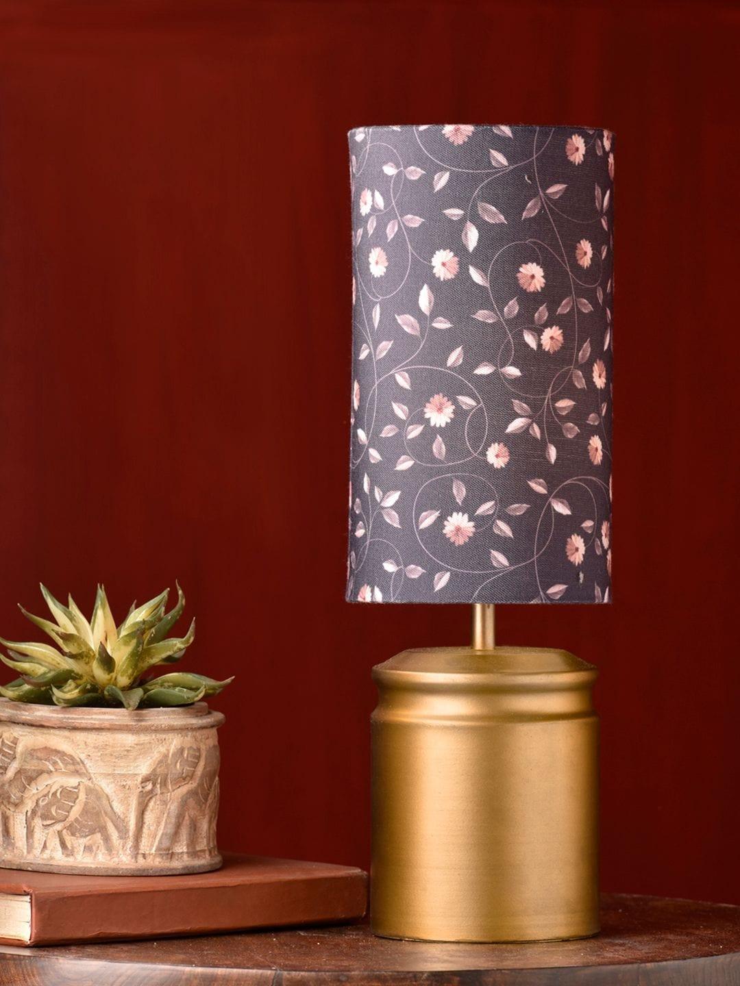 Metal Golden Table Lamp with Floral Print Shade - Ouch Cart