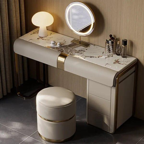 Leonie Modern Gray Makeup Vanity Set with Side Cabinet Dressing Table with Mirror & Stool, Makeup Vanity Desk with Mirror and Bedroom Dressing Table Set with 5 Drawers for Women/Girls - Ouch Cart 