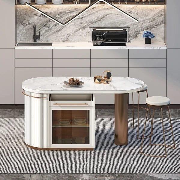 Rowena White Kitchen Island Modern Faux Marble Large Kitchen Cabinet with Storage