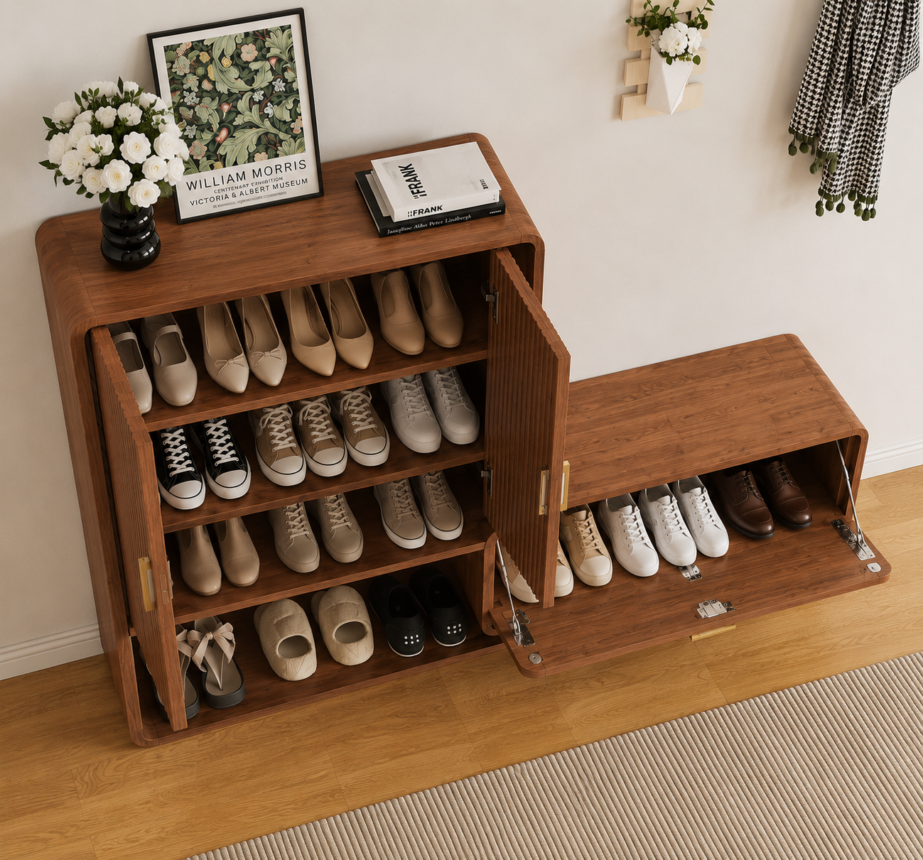 Modern Wooden Shoe Storage Cabinet with Bench | Entryway Shoe Organizer with Closed Cabinet & Open Shelf