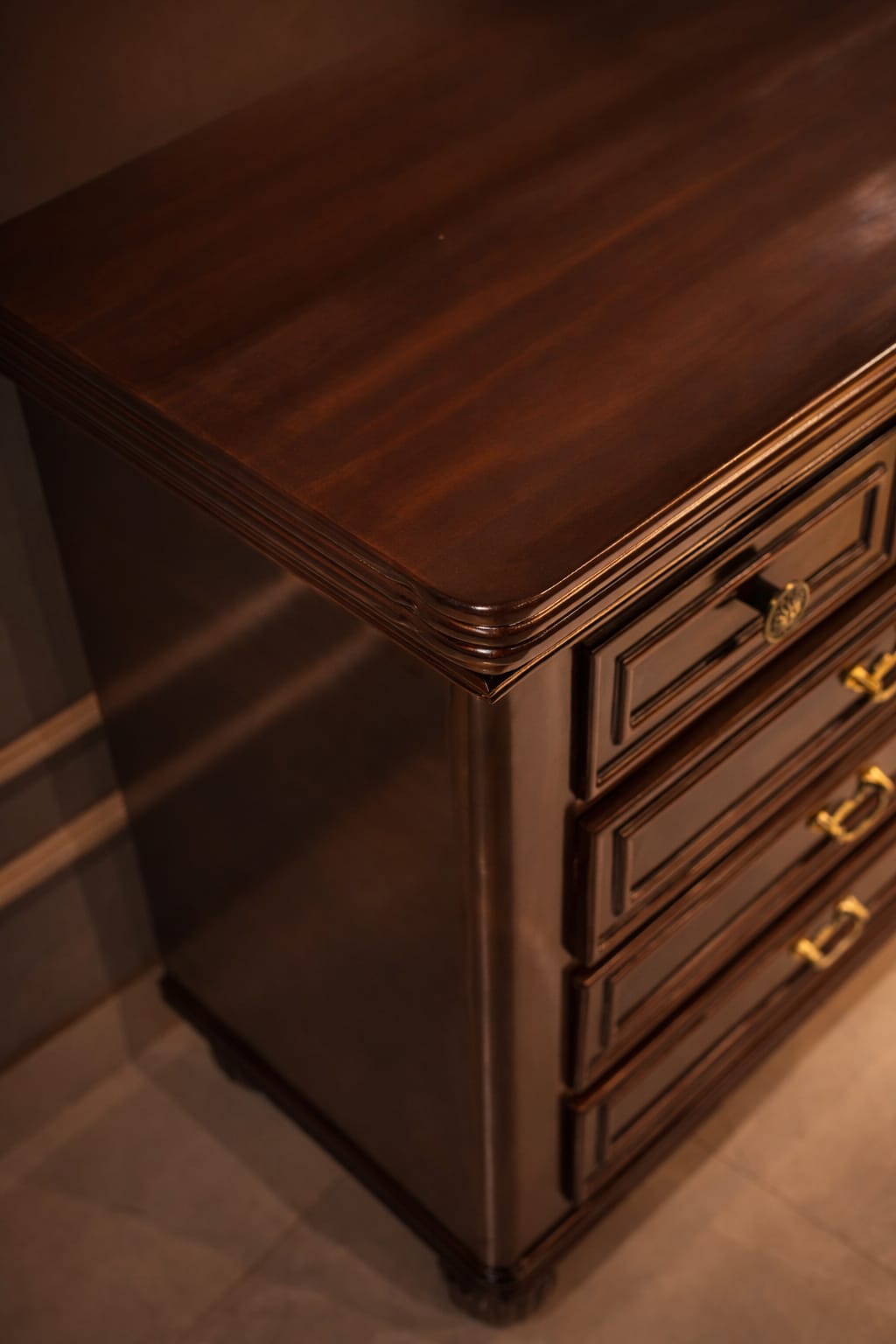 Classic Dark Wood Chest of Drawers with Brass Handles | Elegant Storage Cabinet