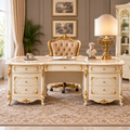 Luxury French Rococo Executive Office Desk | Ivory & Gold Carved Wooden Writing Table