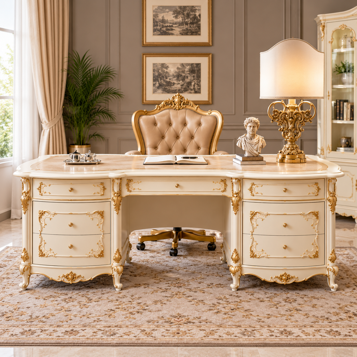 Luxury French Rococo Executive Office Desk | Ivory & Gold Carved Wooden Writing Table
