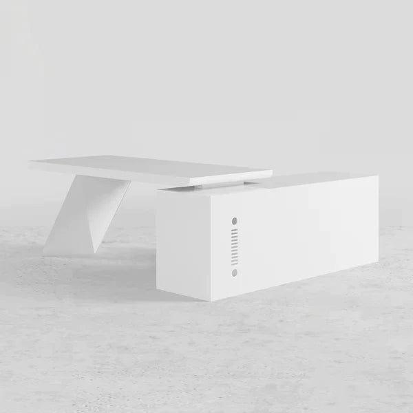 Ren White L-Shape Executive Desk Drawers & Cabinet Large Office Desk Left Hand - Ouch Cart 