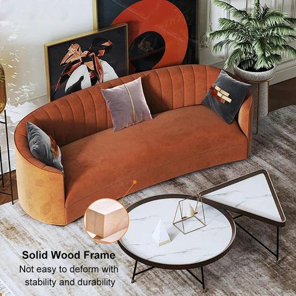 Modern Velvet Couch Curved Sofa in Orange with Stainless Steel Base - Ouch Cart 