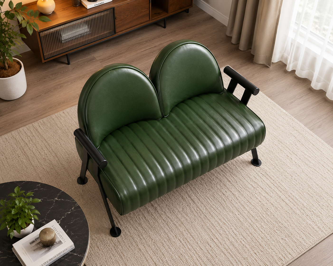 Modern Green Leather Loveseat Sofa | Premium Upholstered 2-Seater Accent Sofa with Metal Frame