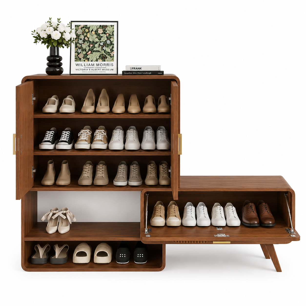Modern Wooden Shoe Storage Cabinet with Bench | Entryway Shoe Organizer with Closed Cabinet & Open Shelf